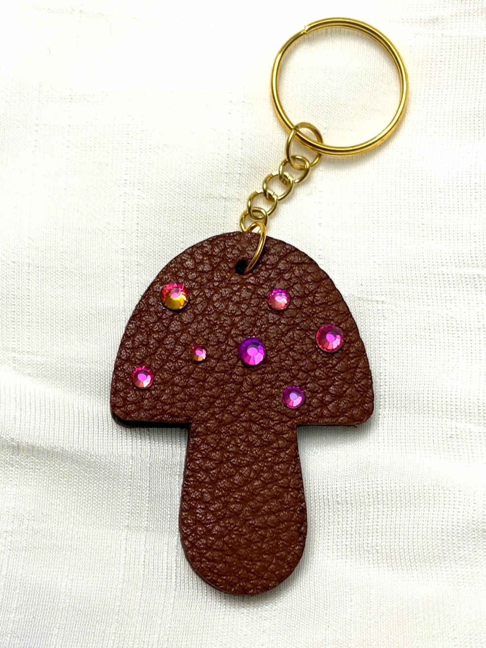 Upcycled COACH Brown Mushroom Key & Card Holder Keychain with Pink Gem Accents